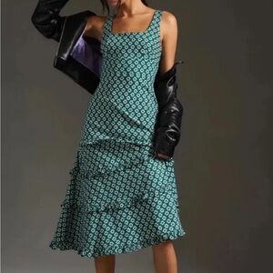 Anthropologie Dress  Blythe Floral Cotton Stretch Midi  Green White Size L